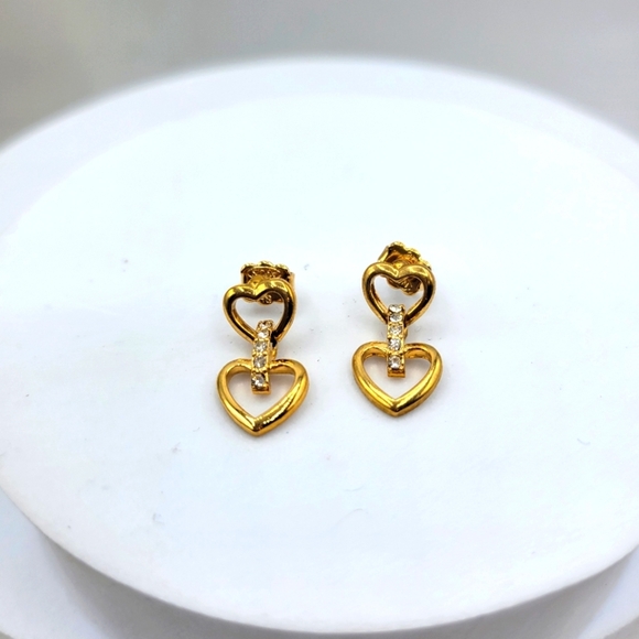 Retro Dainty Double Heart Earrings • Goldtone And Rhinestones • Pierced - Picture 2 of 4